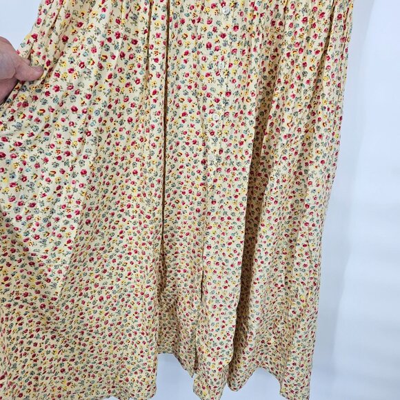Midi A Line Dress Large Floral Yellow Button Pockets Boho Cottage Country Modest - Picture 6 of 10